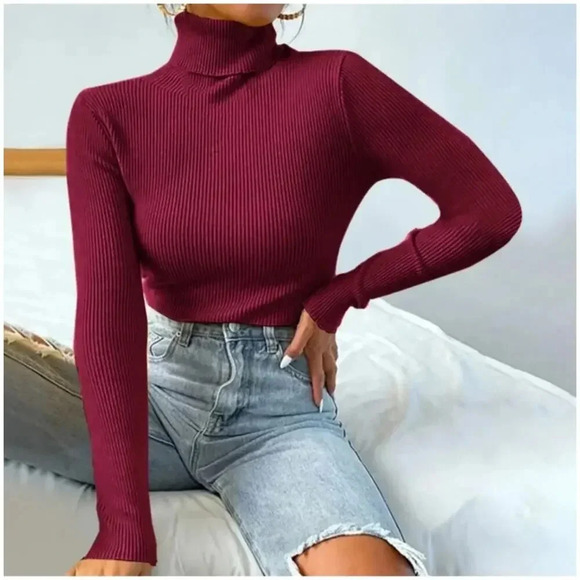 NWT August‎ Silk Red Silk Blend Ribbed Long Sleeve Tight Fit Turtleneck (Medium) - Picture 1 of 7